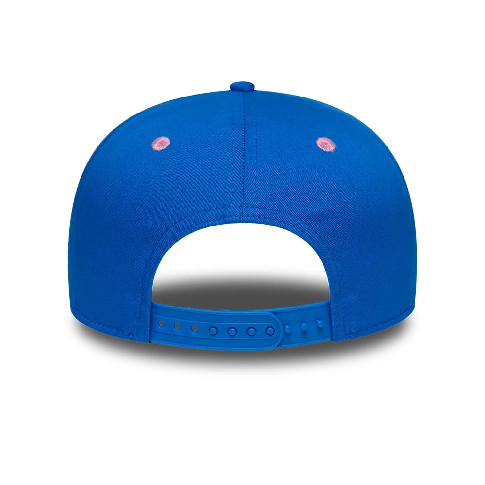 Alpine Racing Franco Colapinto Blue New Era 9SEVENTY Stretch Snap Adjustable Cap, rear view showing the adjustable blue snap closure and pink embroidered eyelets on the structured blue crown.