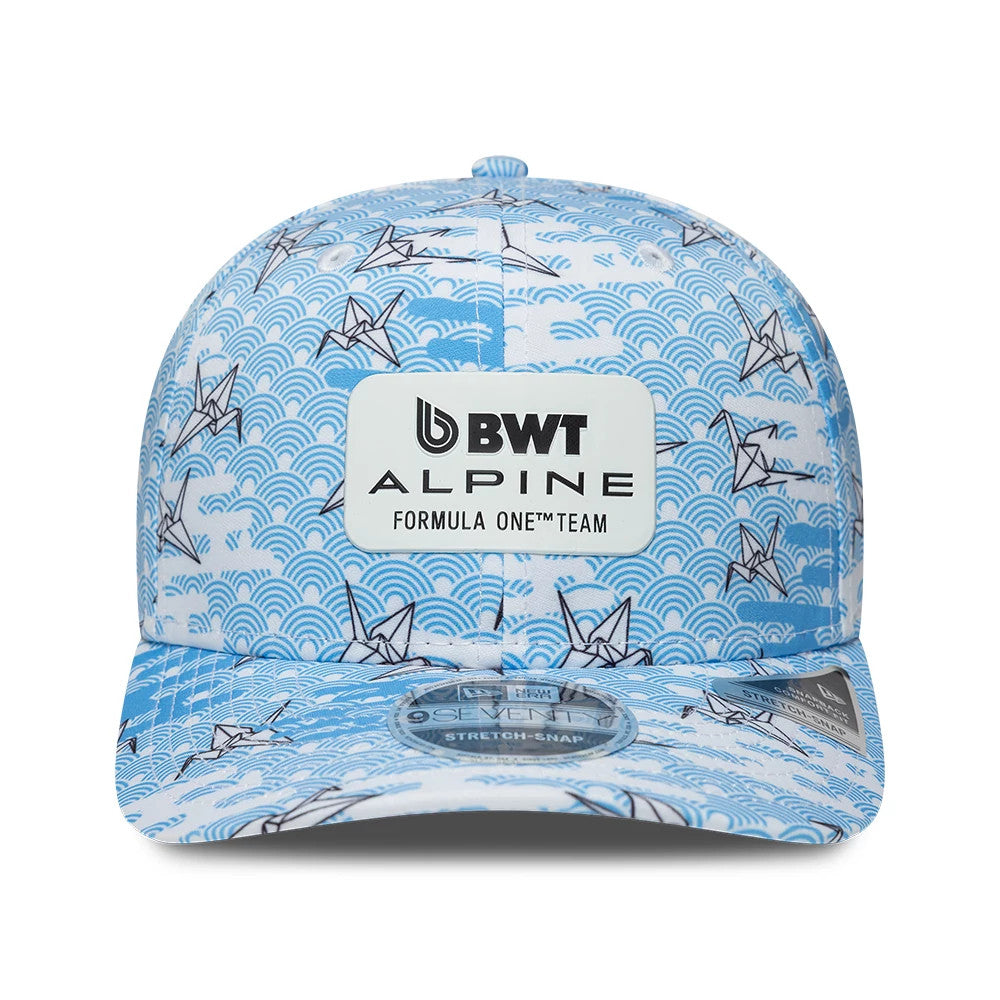 Pictured is this Alpine Racing Japan Race Special 9SEVENTY Stretch Snap Adjustable cap in white. 3