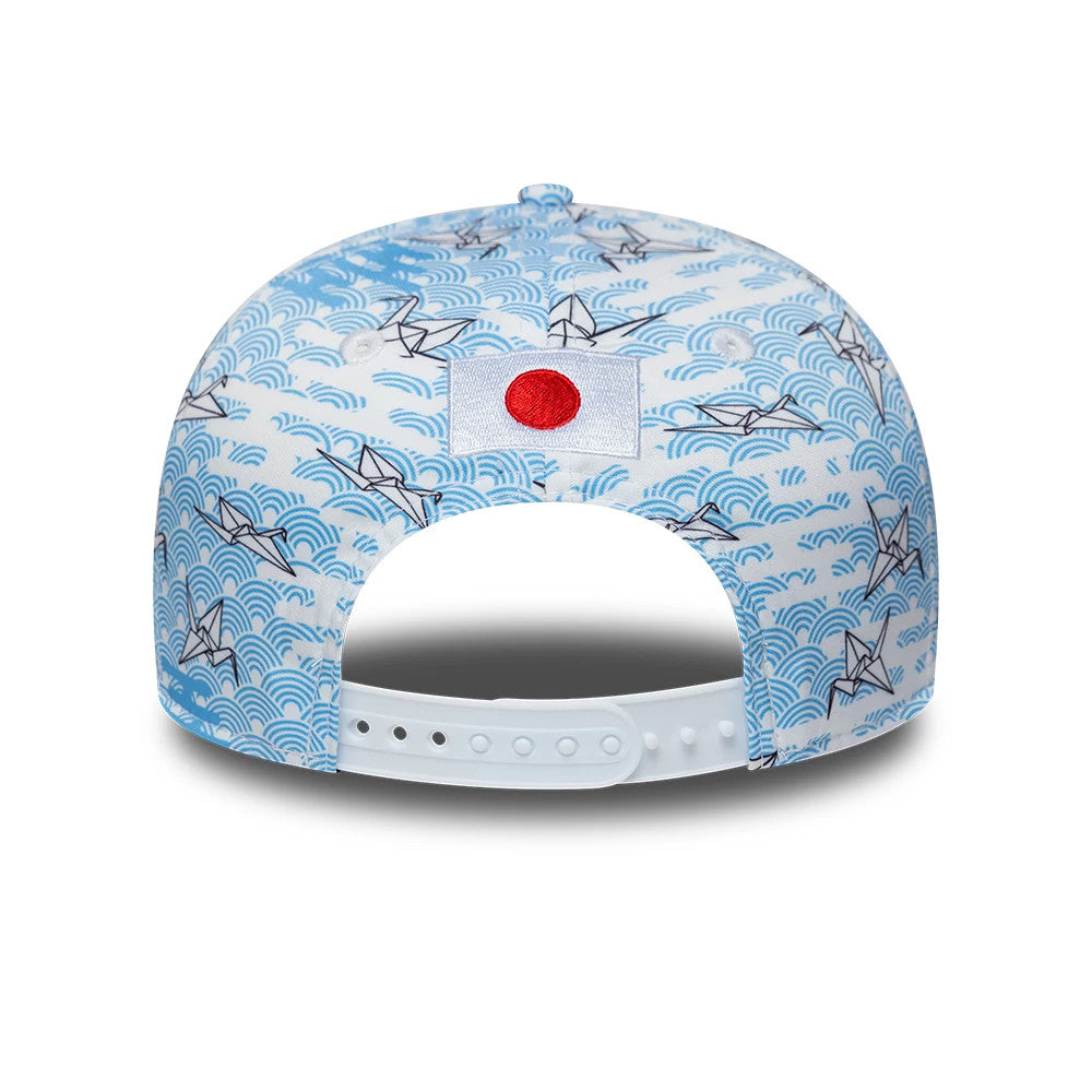 Alpine Racing Japan Race Special White New Era 9SEVENTY Stretch Snap Adjustable Cap, rear view showing the Japanese flag patch with red circle centre and blue wave and crane pattern covering the structured crown.