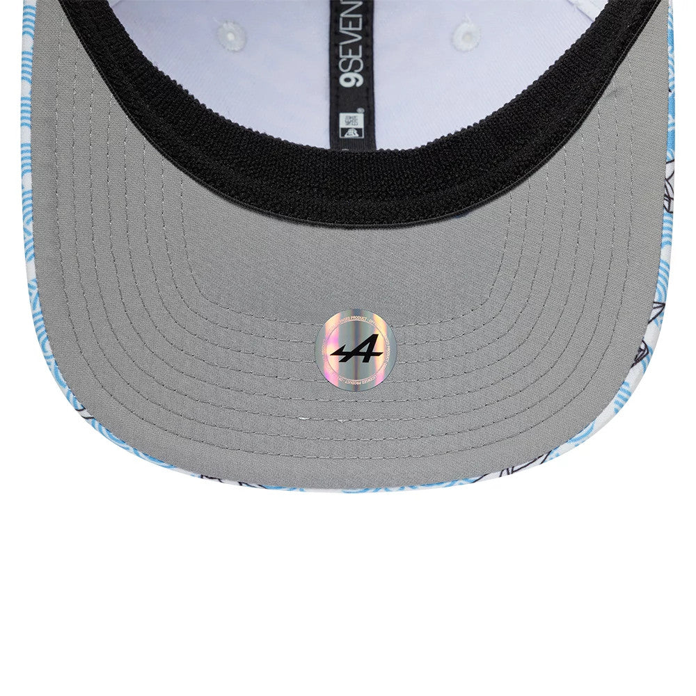 Alpine Racing Japan Race Special White New Era 9SEVENTY Stretch Snap Adjustable Cap, inside view showing a grey undervisor with an A logo sticker, black sweatband and white taping with eyelets.