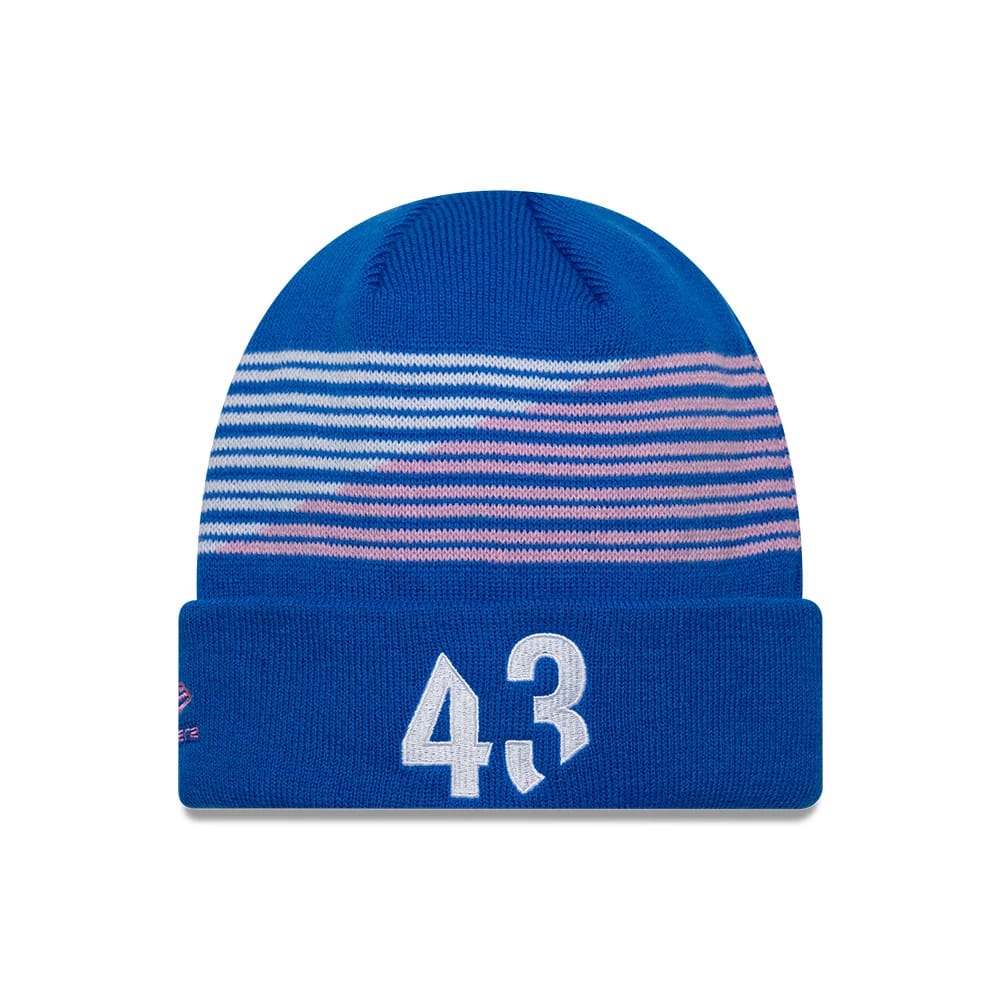 Pictured is this Alpine Racing Cuff Knit Beanie hat in blue. 2