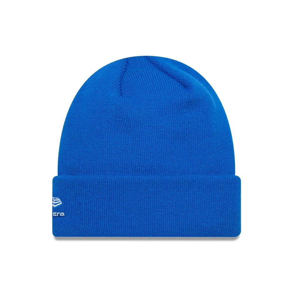 New Era Alpine Racing Essential Blue Cuff Knit Beanie Hat, front view showing the prominent blue cuff with the New Era flag logo embroidered in white on the left side, crafted from a soft knit fabric.