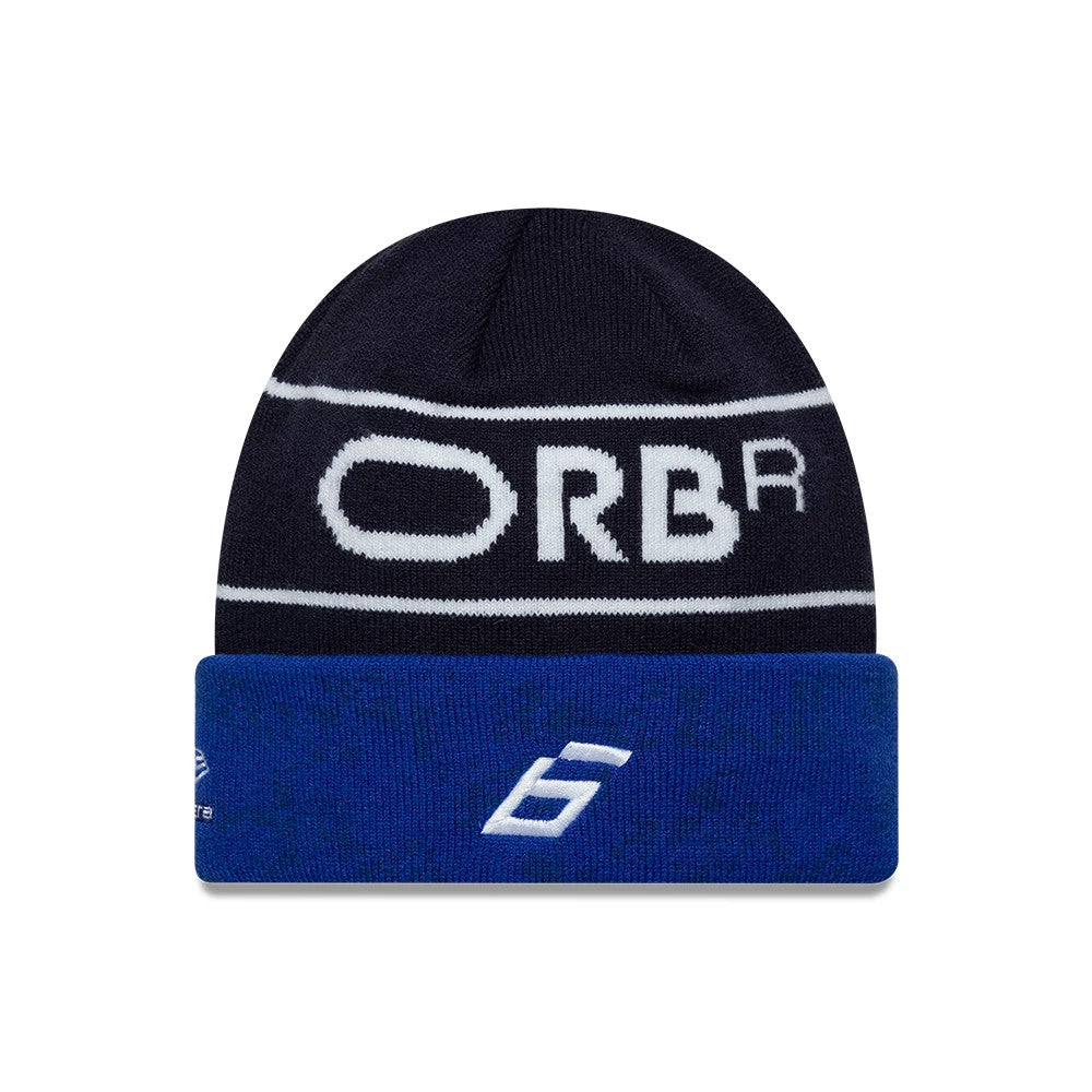 New Era Red Bull Racing Replica Isack Hadjar Dark Blue Cuff Knit Beanie Hat, front view featuring an embroidered white number 6 on the blue cuff and white RBR lettering across the dark blue crown.
