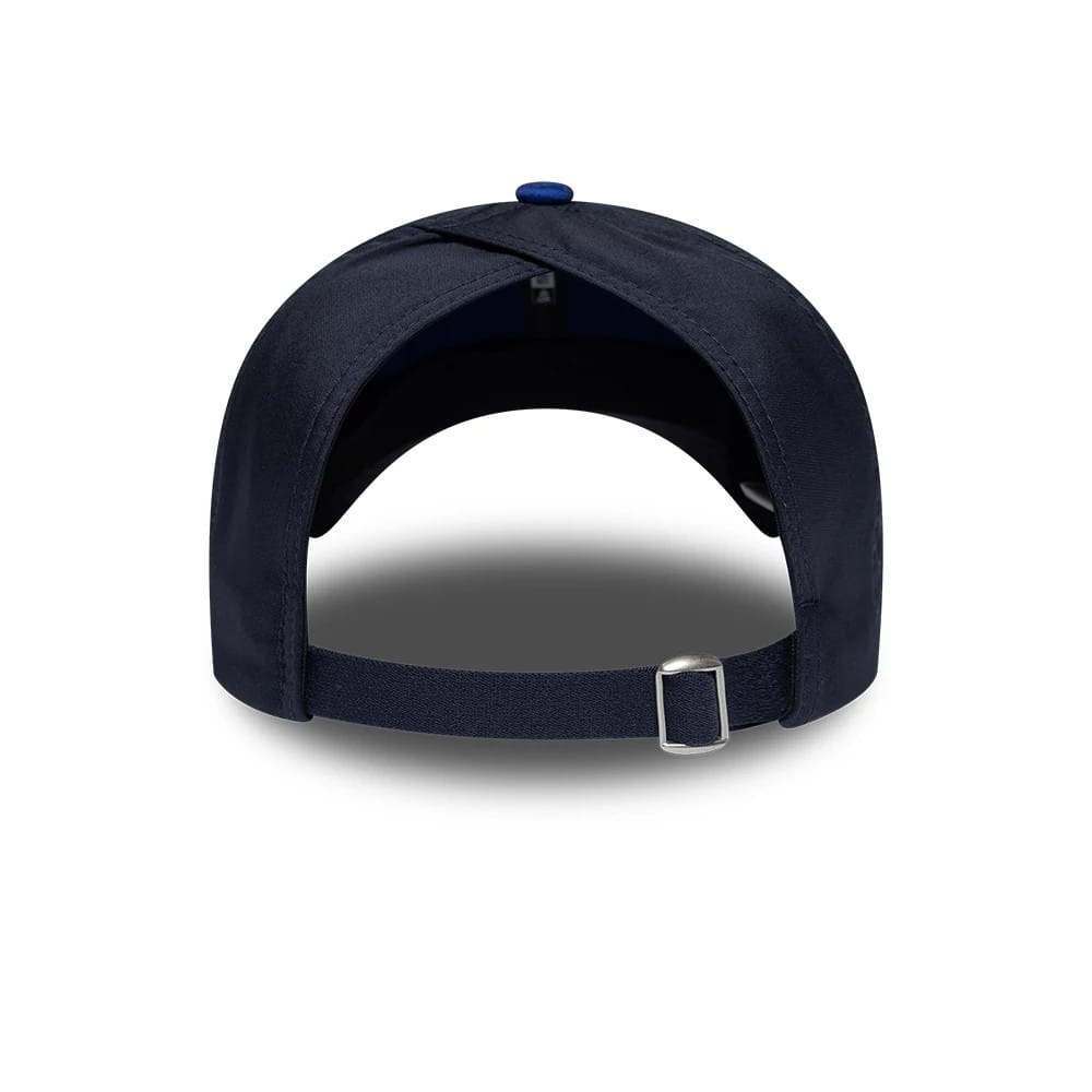 New Era Red Bull Racing Womens Team Dark Blue Open Back Cap, rear view showing the open back design with an adjustable dark blue strap and silver buckle, under a structured dark blue crown with a blue top button.