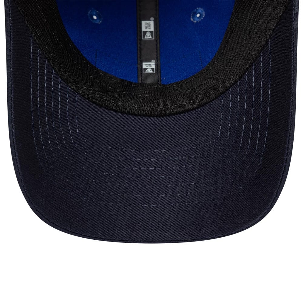 New Era Red Bull Racing Womens Team Dark Blue Open Back Cap, inside view showing the black sweatband, dark blue undervisor with matching stitching, and New Era branded taping on the interior.