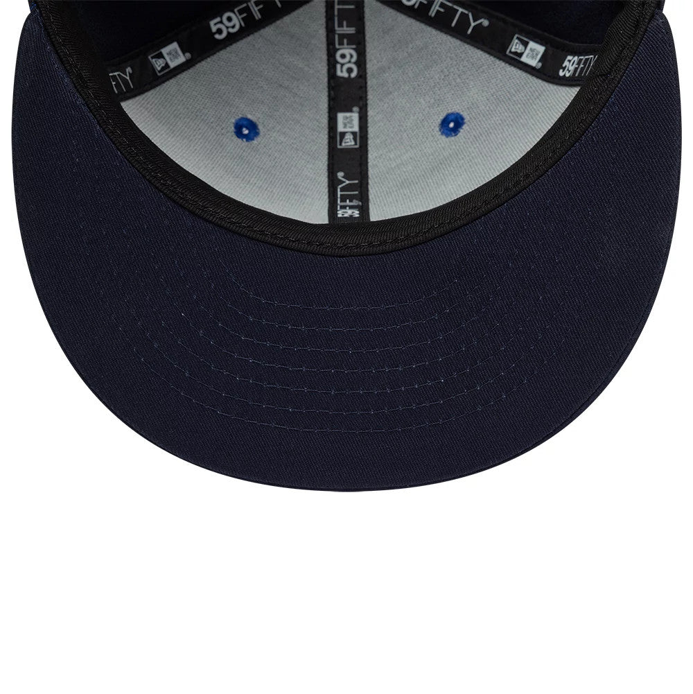 Red Bull Racing Dark Blue New Era 59FIFTY Fitted Cap, inside view showing grey undervisor, black sweatband, and black taping with white 59FIFTY and New Era logos, featuring blue embroidered eyelets on the light grey panels.