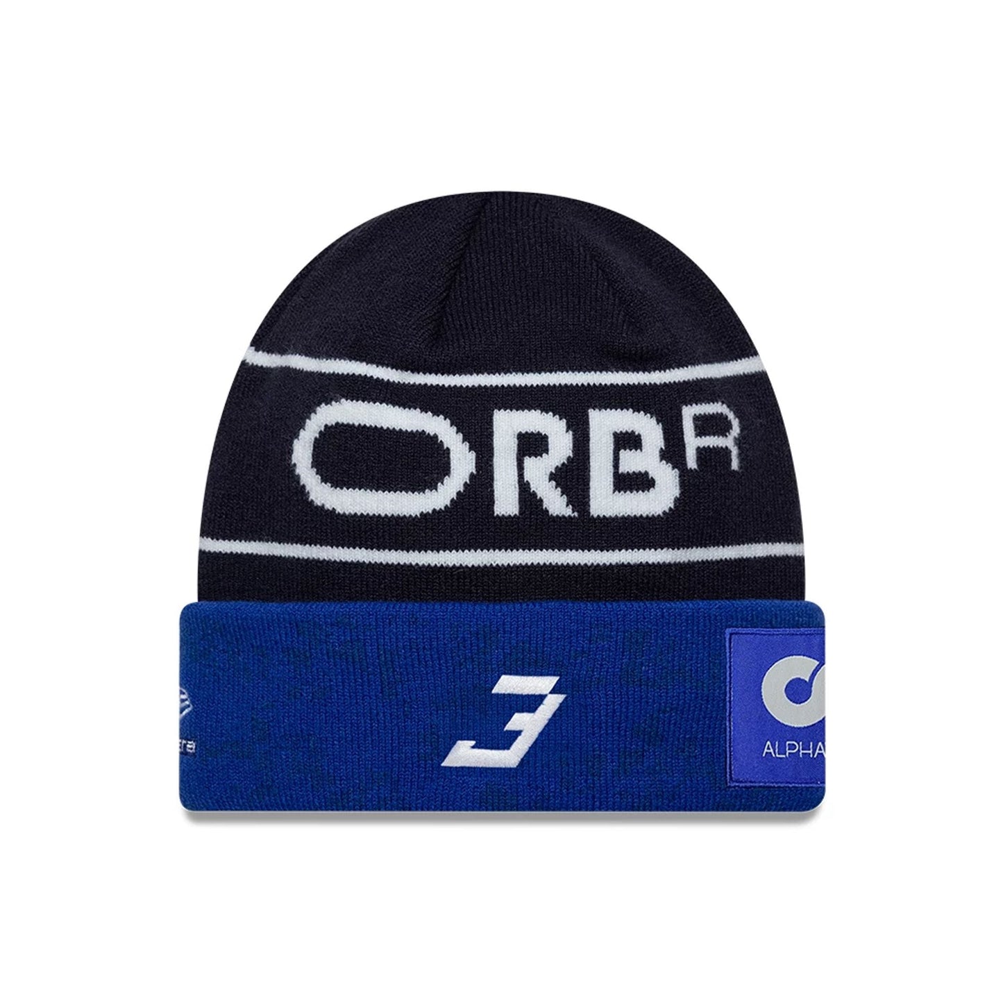 New Era Red Bull Racing Replica Max Verstappen Dark Blue Cuff Knit Beanie Hat, front view showing the ORBR logo in contrasting white on the dark blue crown and a large number 3 in white on the blue cuff alongside the AlphaTauri logo patch.