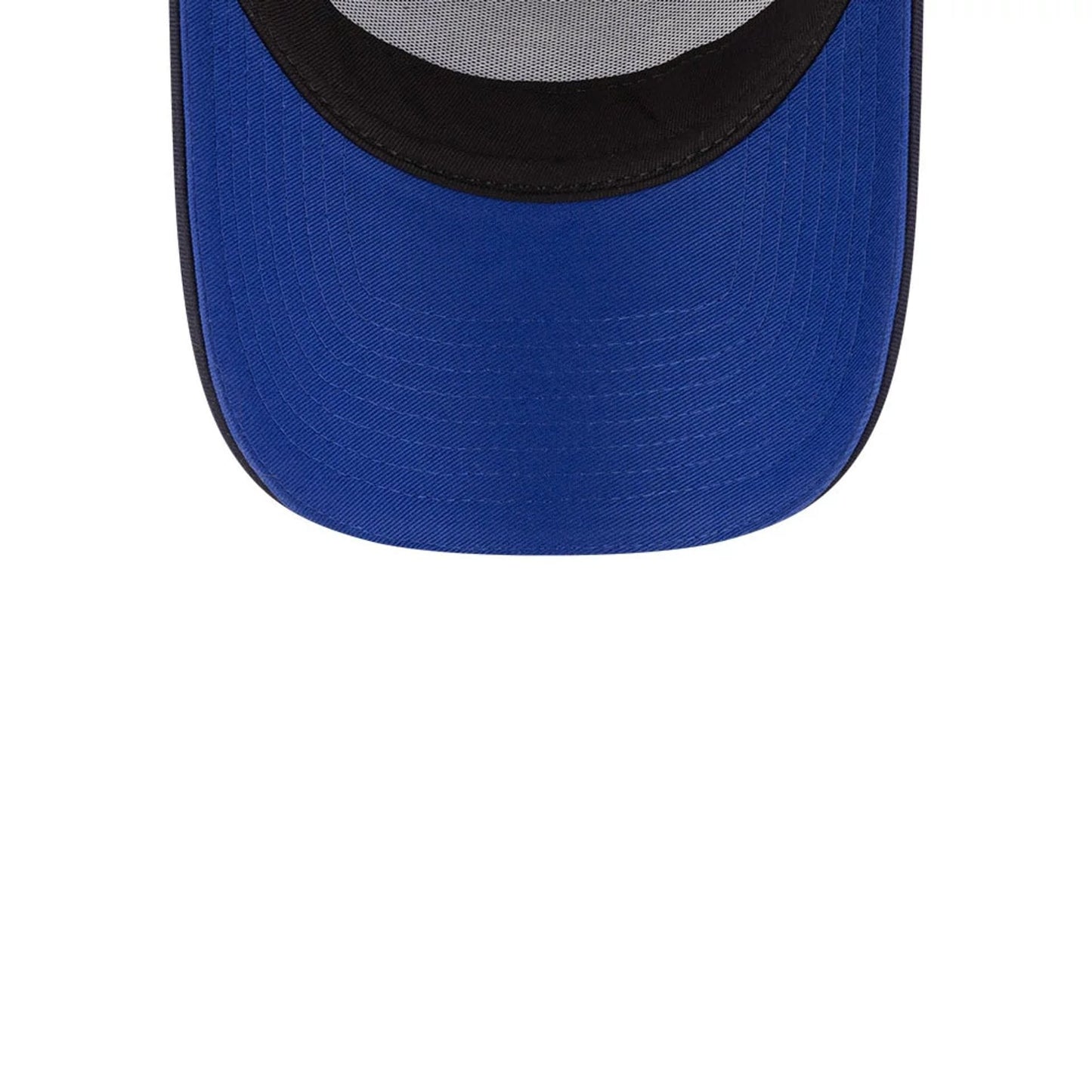 Red Bull Racing Essential Dark Blue New Era 9FORTY A-Frame Trucker Adjustable Cap, inside view showing the black sweatband and grey mesh panel, with a vivid blue undervisor underneath.