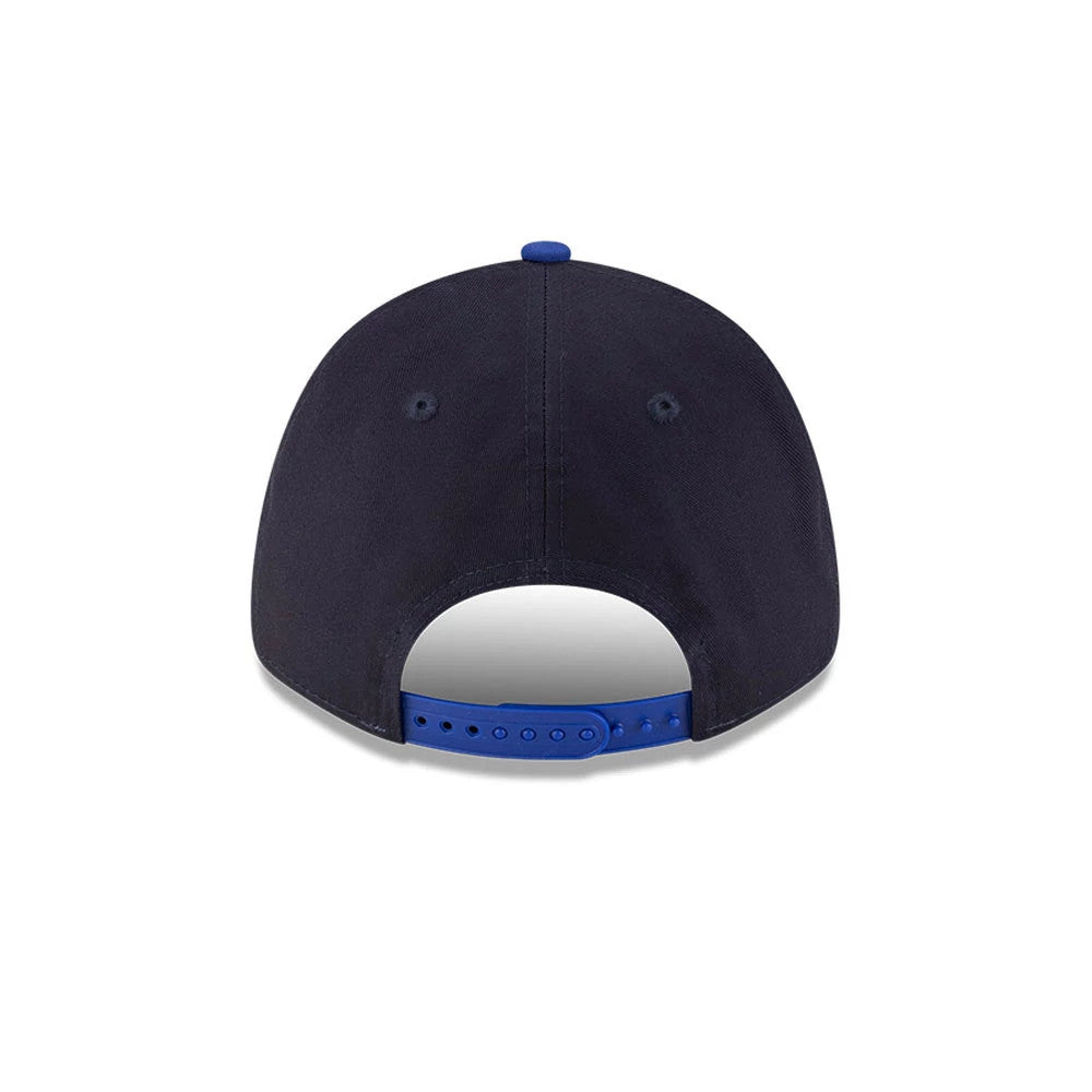 Red Bull Racing Essential Dark Blue New Era 9FORTY Adjustable Cap, rear view showing the curved visor and adjustable blue snap closure with matching top button, on a structured dark blue crown.