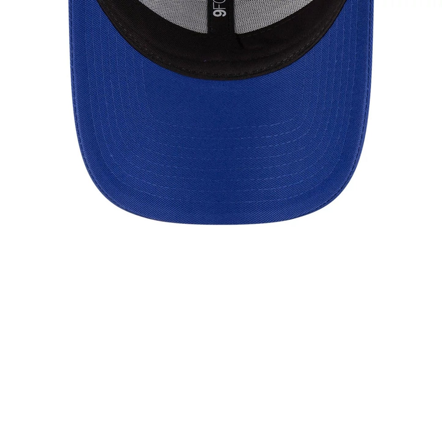 Red Bull Racing Essential Dark Blue New Era 9FORTY Adjustable Cap, inside view showing the curved blue visor, black sweatband, grey interior taping with 9FORTY printed in white, contrasting with the dark blue fabric.