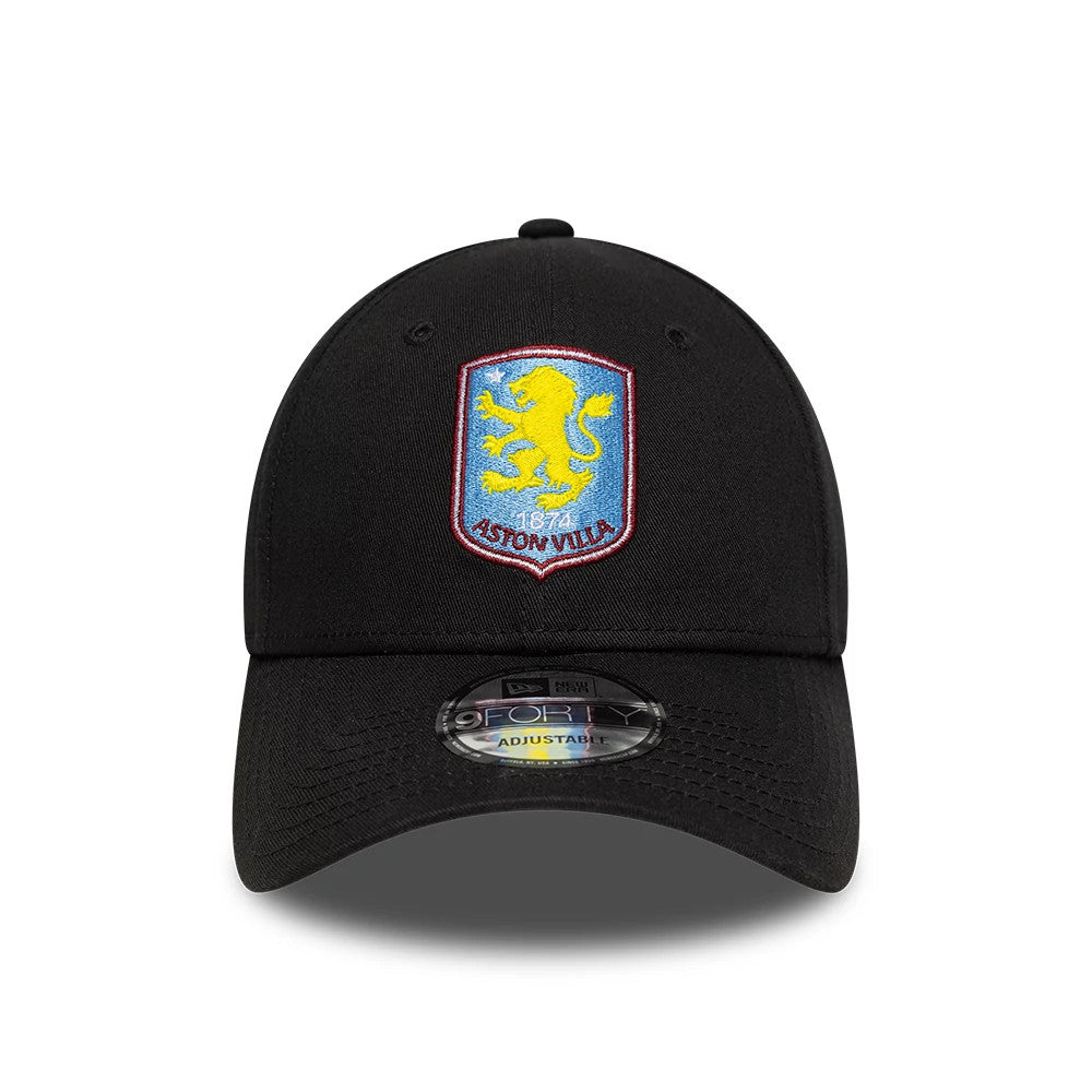 Aston Villa FC Core Black New Era 9FORTY Cap, front view showing the embroidered Aston Villa crest in yellow and blue centred on the structured black crown, with a 9FORTY size sticker on the black curved visor.