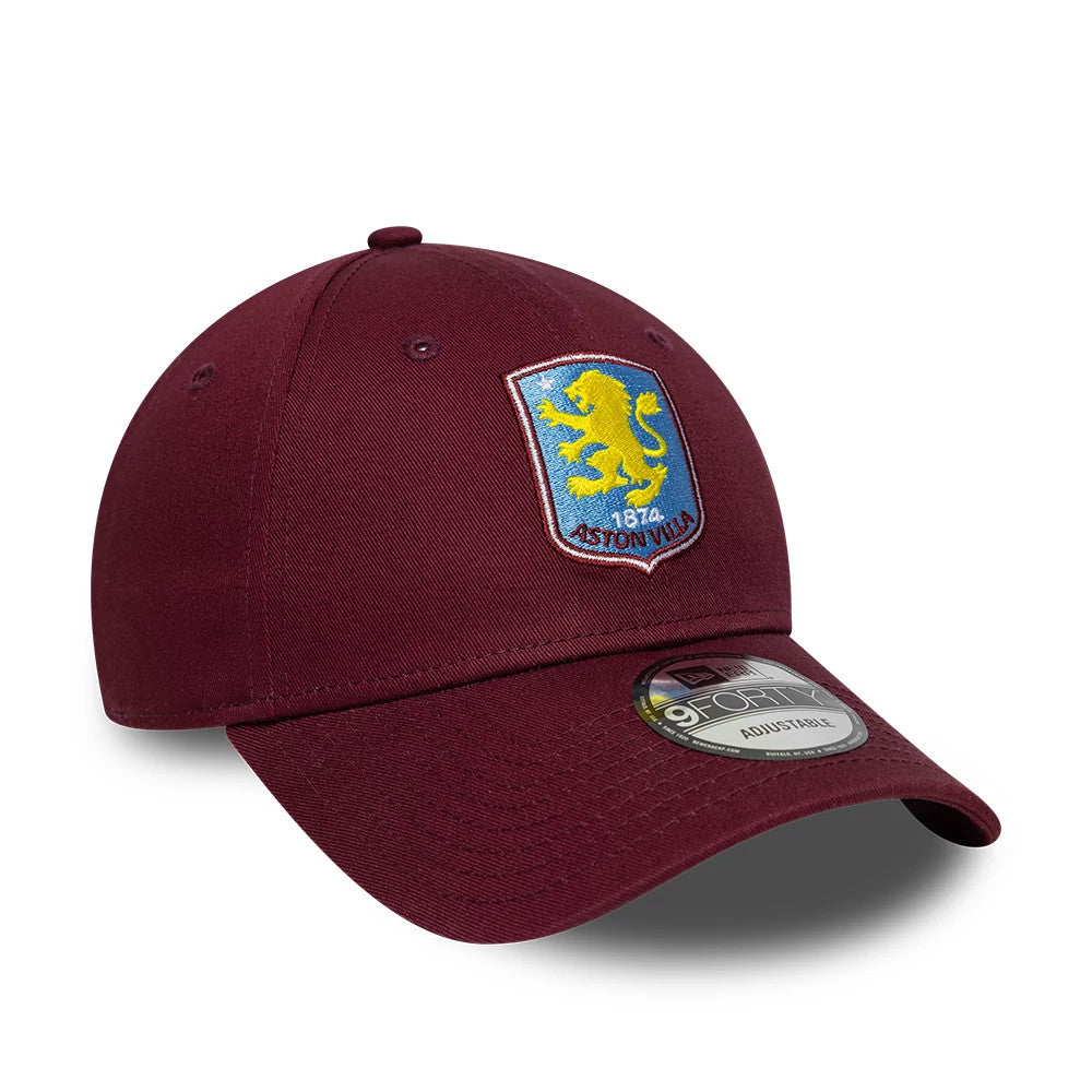 Aston Villa FC Core Dark Red New Era 9FORTY Cap, front view showing the raised embroidered yellow lion crest on the front panel, dark red curved visor and 9FORTY size sticker on the visor.