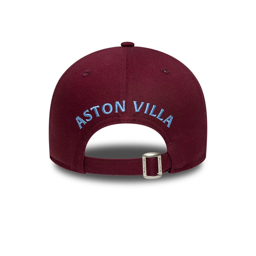 Aston Villa FC Core Dark Red New Era 9FORTY Cap, rear view showing the light blue embroidered Aston Villa lettering across the back panels above an adjustable fabric strap with a buckle for a customised fit.