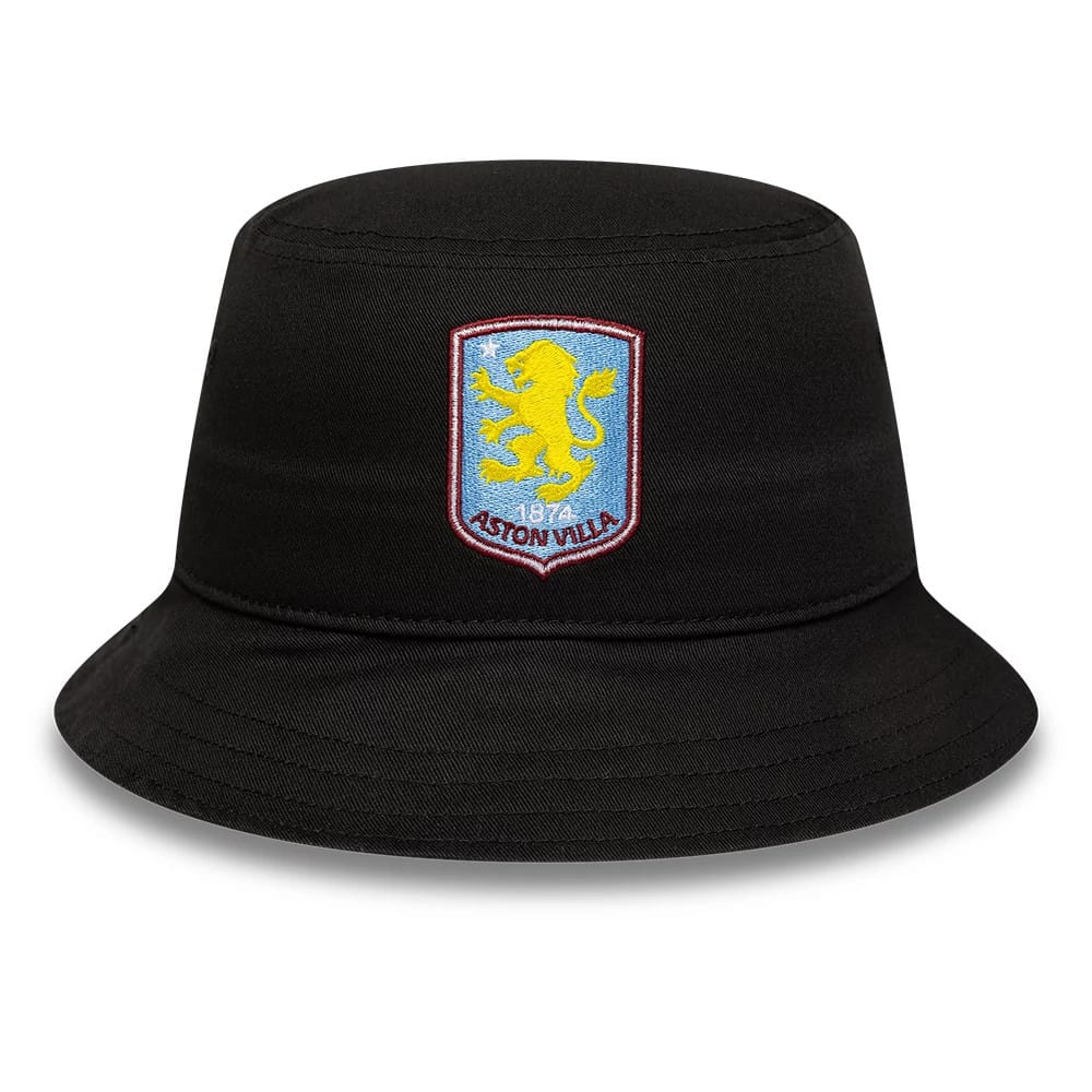 New Era Aston Villa FC Core Black Bucket Hat, front view showing the embroidered Aston Villa FC crest featuring a yellow lion on a blue shield with red and white trim, centred on the structured black crown and flexible visor.