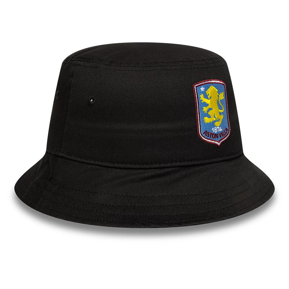 New Era Aston Villa FC Core Black Bucket Hat, front view showing the embroidered club crest with a yellow lion on a blue background, centred on the black crown above the downward-sloping visor.