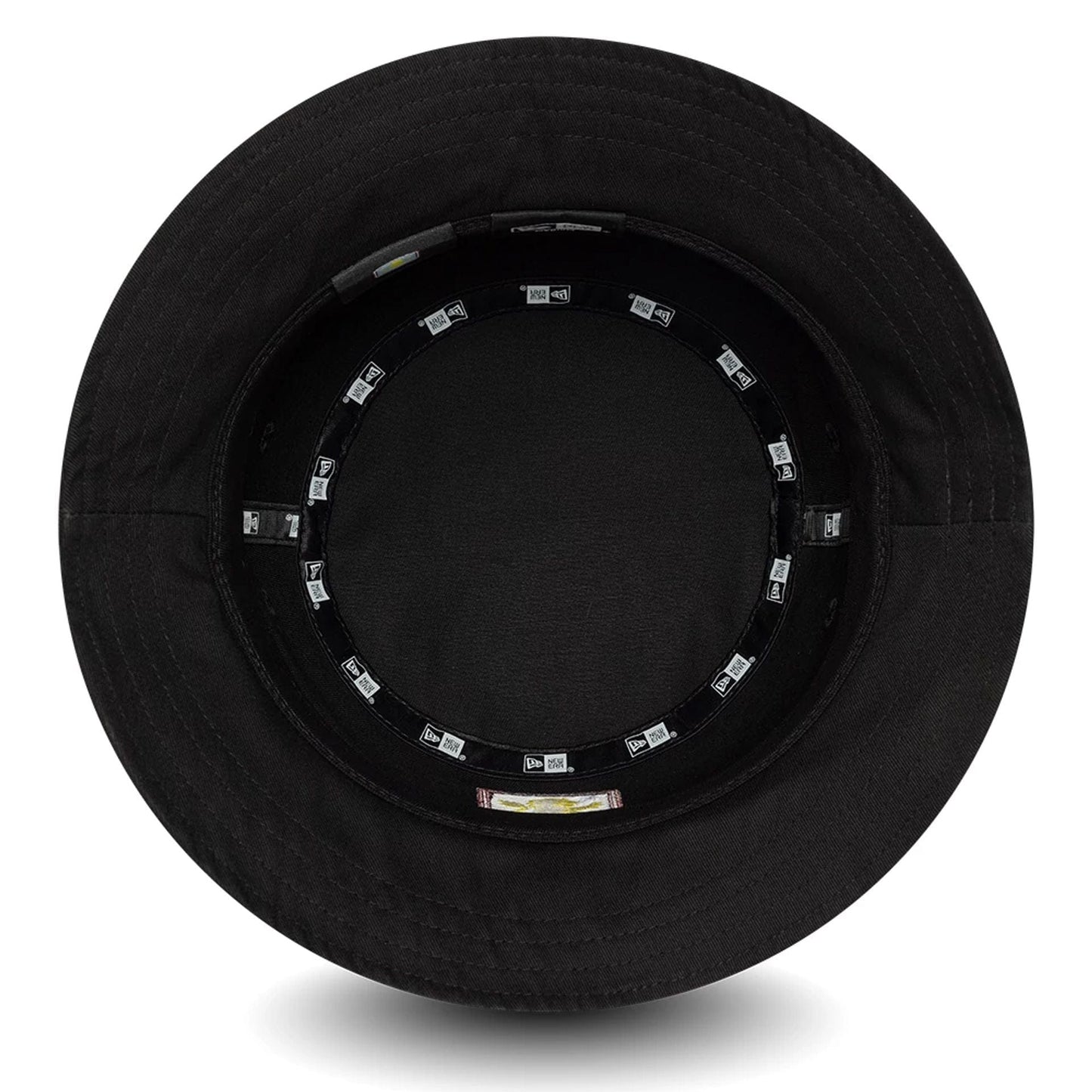 New Era Aston Villa FC Core Black Bucket Hat, inside view showing black taping with New Era branding around the inner crown and a central sweatband, highlighting the structured black fabric design.
