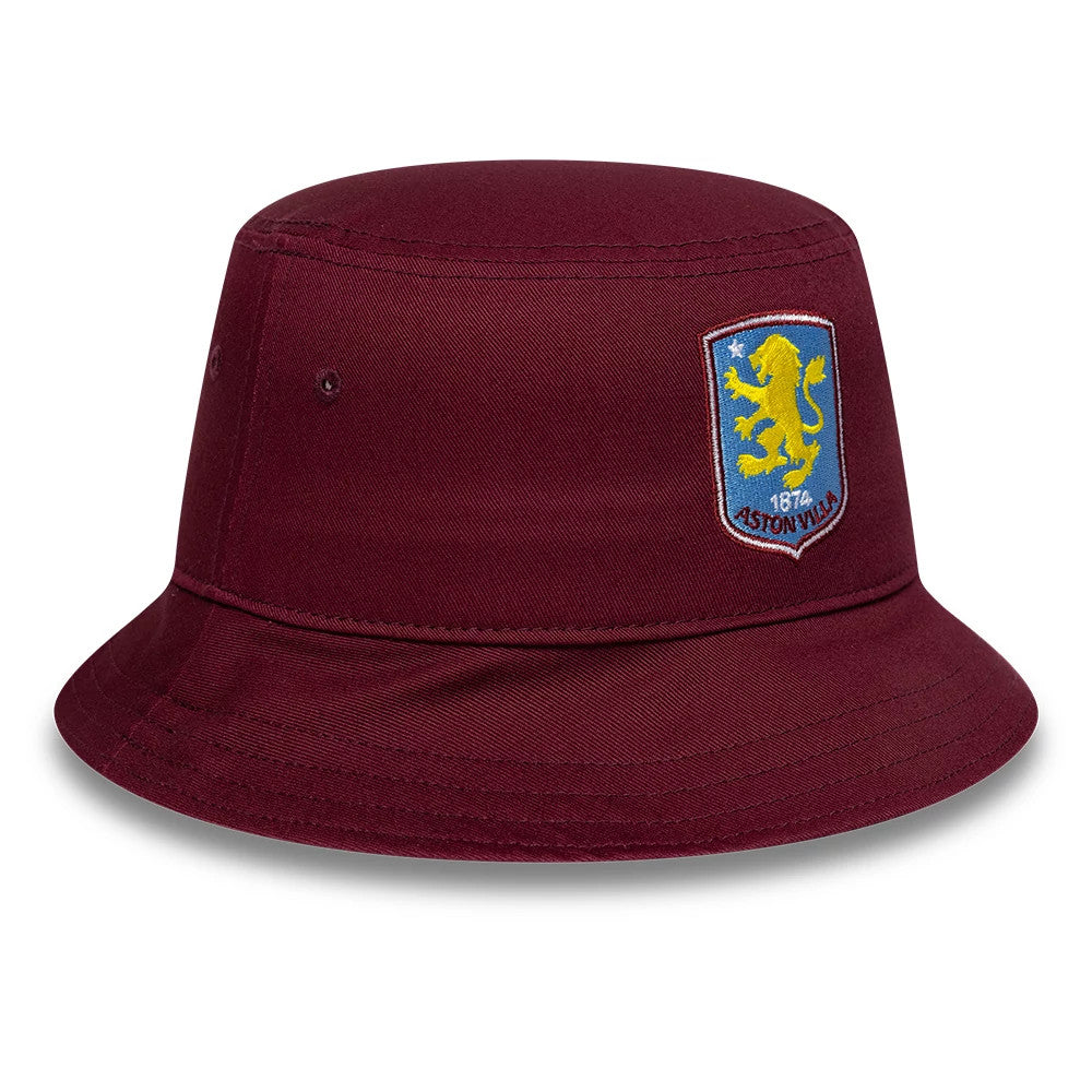 New Era Aston Villa FC Core Dark Red Bucket Hat, front view showing the club's crest with a yellow lion and 1874 Aston Villa lettering embroidered on the front, with stitched around the visor.