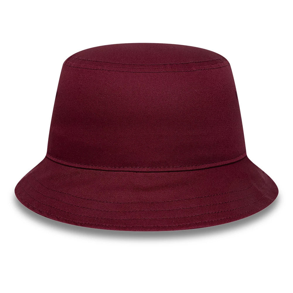 New Era Aston Villa FC Core Dark Red Bucket Hat, front view showing a seamless design with a deep red colour, soft round crown, and a gently sloping visor offering a classic bucket hat silhouette.