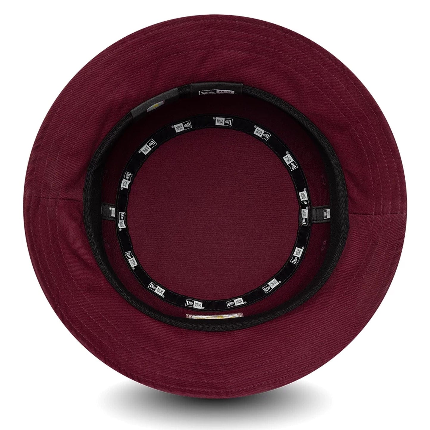 New Era Aston Villa FC Core Dark Red Bucket Hat, inside view showing black sweatband, branded with New Era fabric taping around the crown, adding a distinct contrast to the deep red fabric.