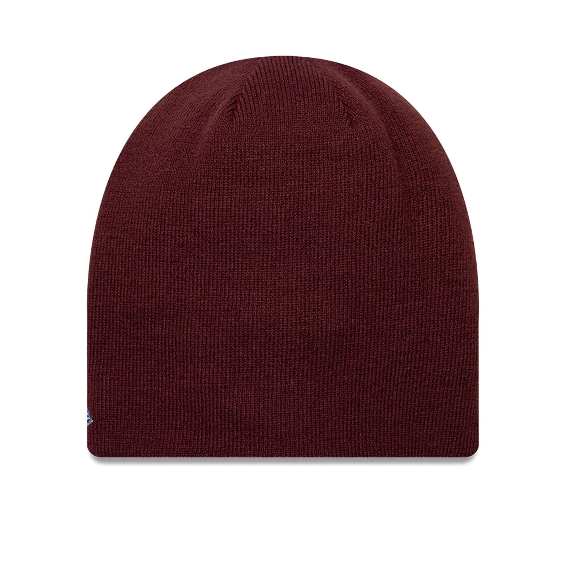 Pictured is this Reverse Aston Villa FC Cuff knit Beanie hat in dark red. 2