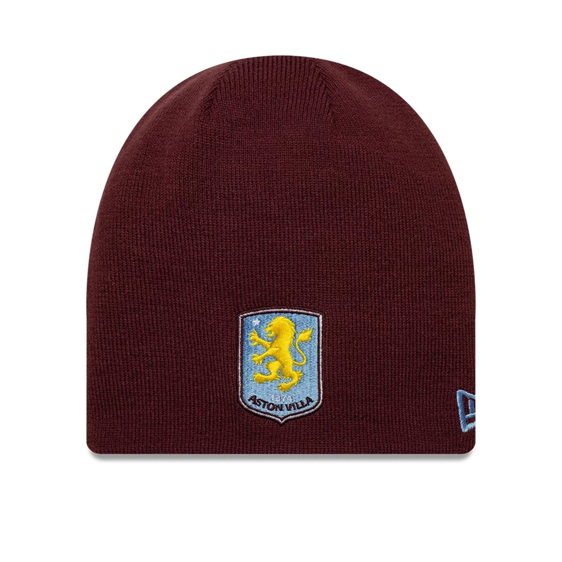 Pictured is this Reverse Aston Villa FC Cuff knit Beanie hat in dark red. 1