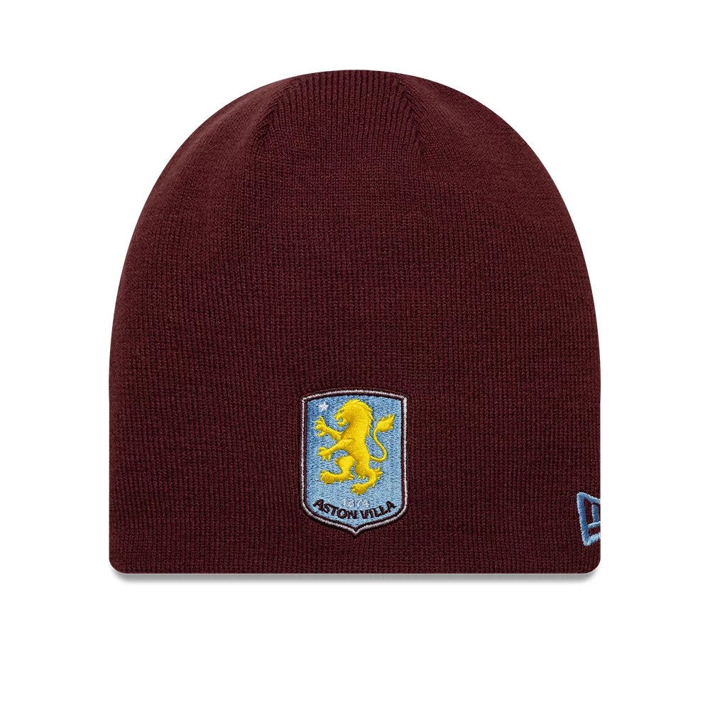 Pictured is this Reverse Aston Villa FC Cuff knit Beanie hat in dark red. 1