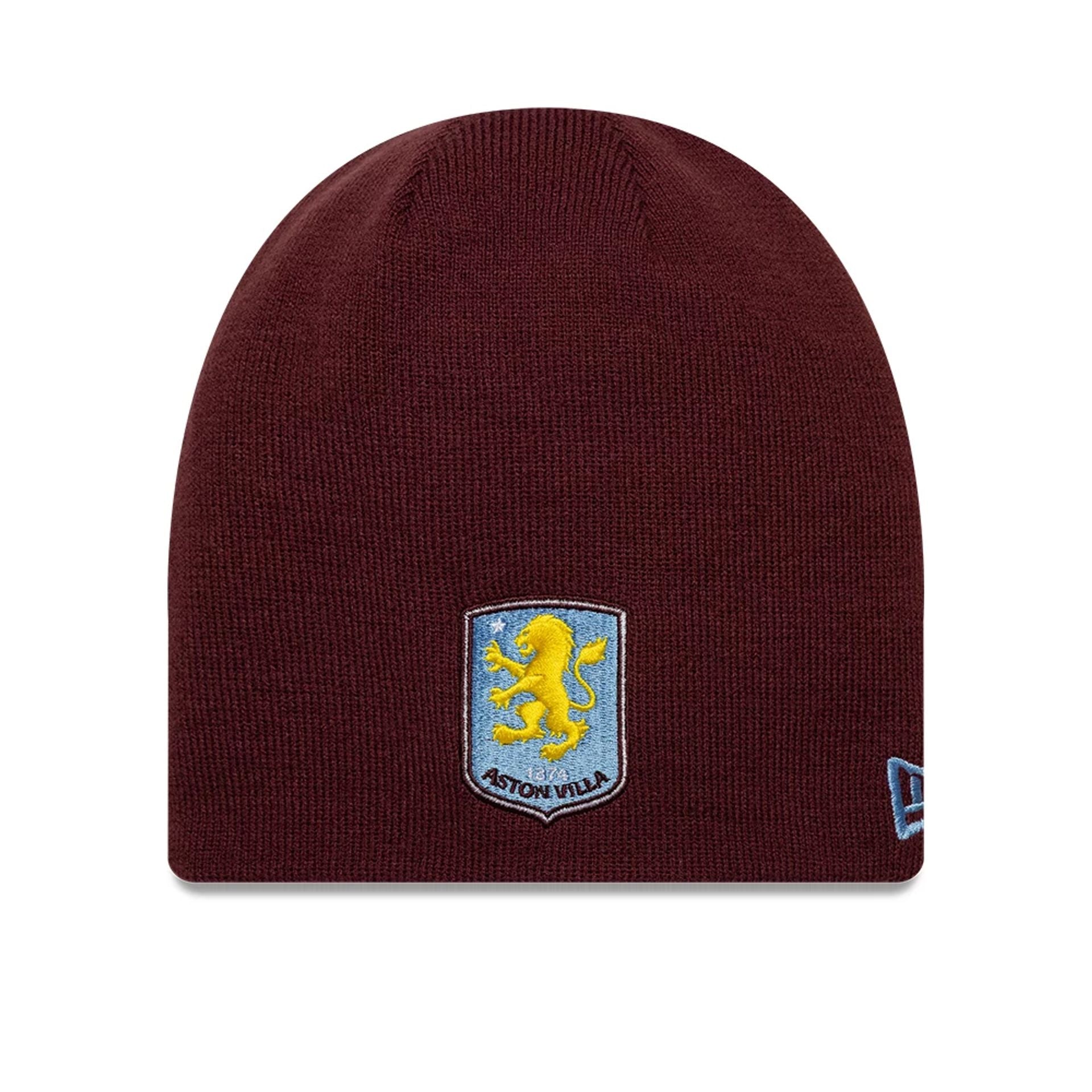 Pictured is this Reverse Aston Villa FC Cuff knit Beanie hat in dark red. 1
