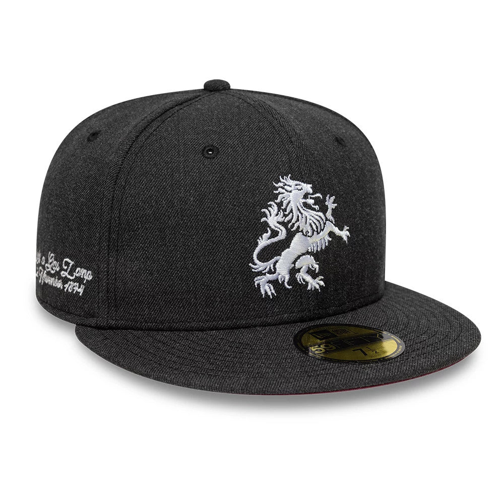 Aston Villa FC Gas Lamp Black New Era 59FIFTY Fitted Cap, three-quarter view showing a white embroidered lion logo on the front panel, script text on the side, and a flat visor with a gold 59FIFTY size sticker.
