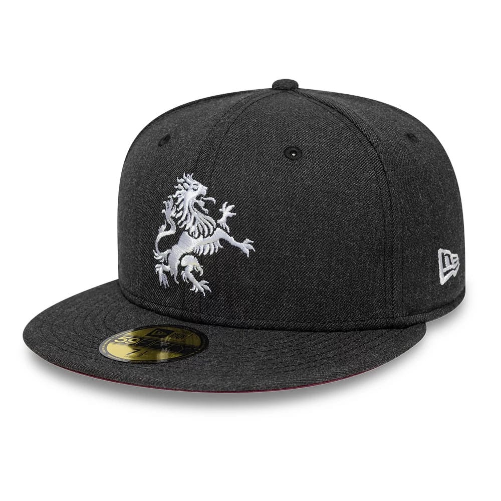 Aston Villa FC Gas Lamp Black New Era 59FIFTY Fitted Cap, front view showing raised white embroidery of a lion on the front panel, a flat black visor with a gold 59FIFTY size sticker, and a New Era flag logo on the left side.