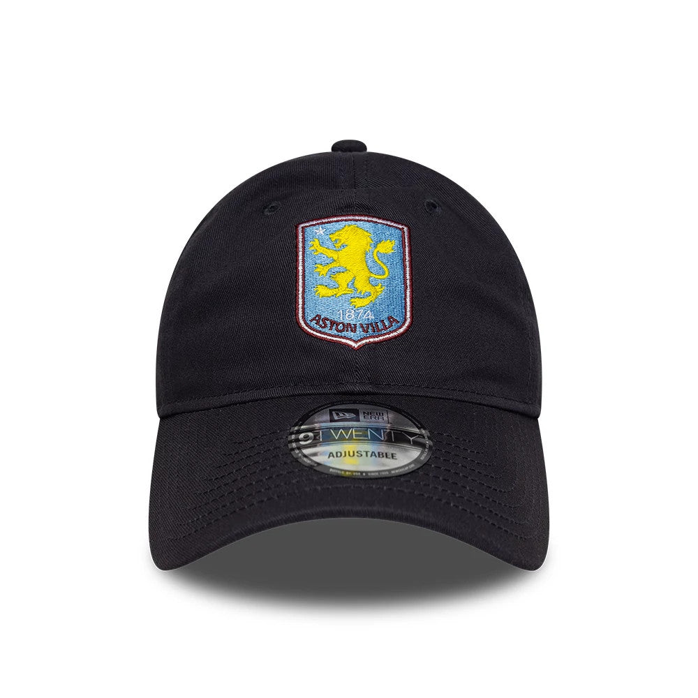 Aston Villa FC Core Navy New Era 9TWENTY Cap, front view showing the yellow lion logo embroidered on the centre front panel, with a curved visor and a 9TWENTY size sticker displayed on the visor.