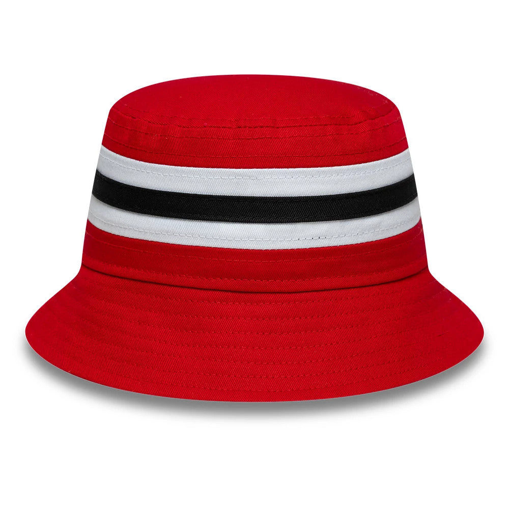 New Era Manchester United FC Infant Stripe Red Bucket Hat, front view showing red crown and visor with two horizontal white and black stripes encircling the hat, creating a and look.
