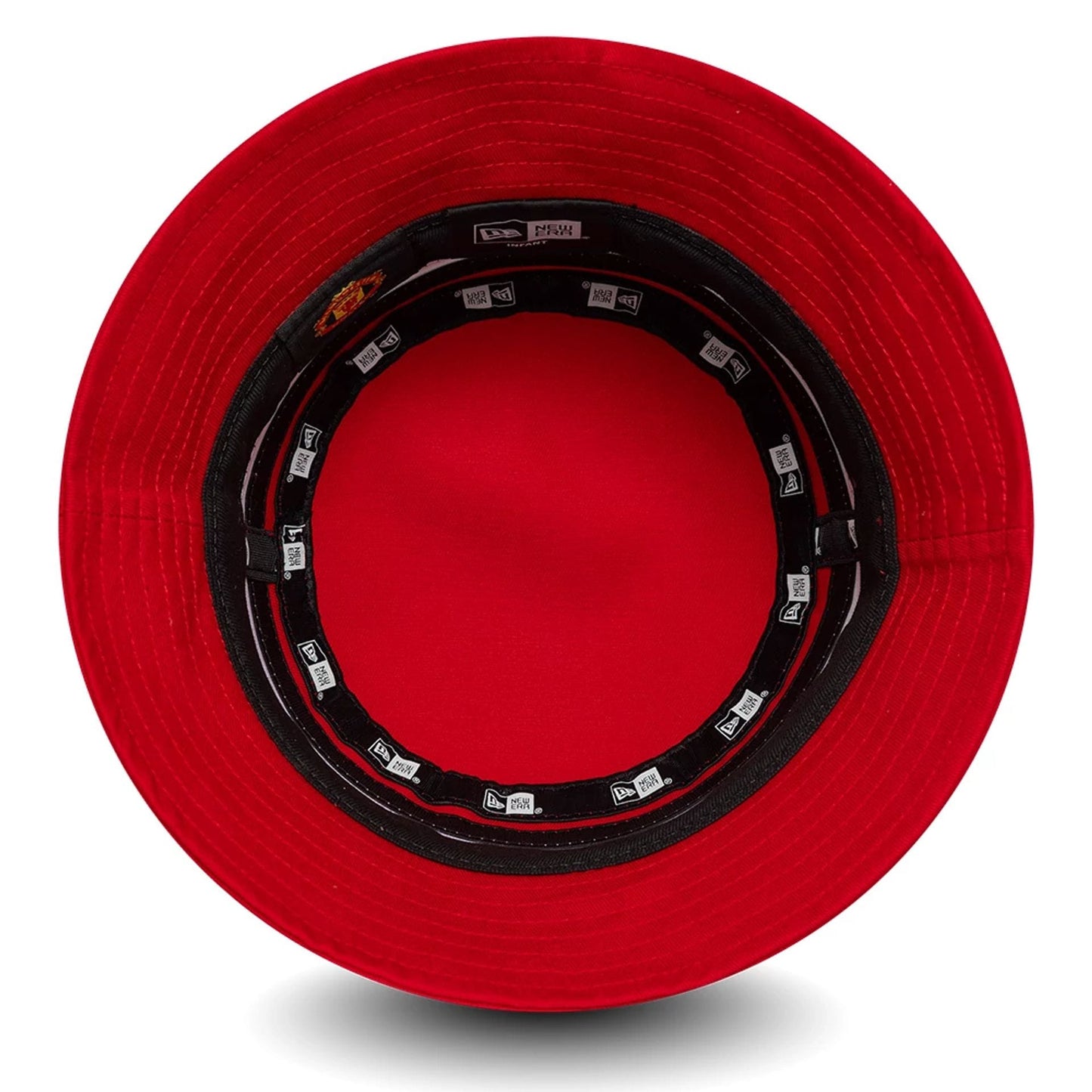 New Era Manchester United FC Infant Stripe Red Bucket Hat, inside view showing black sweatband with the New Era logo and Manchester United tag, and stitched red undervisor with taping around the crown.
