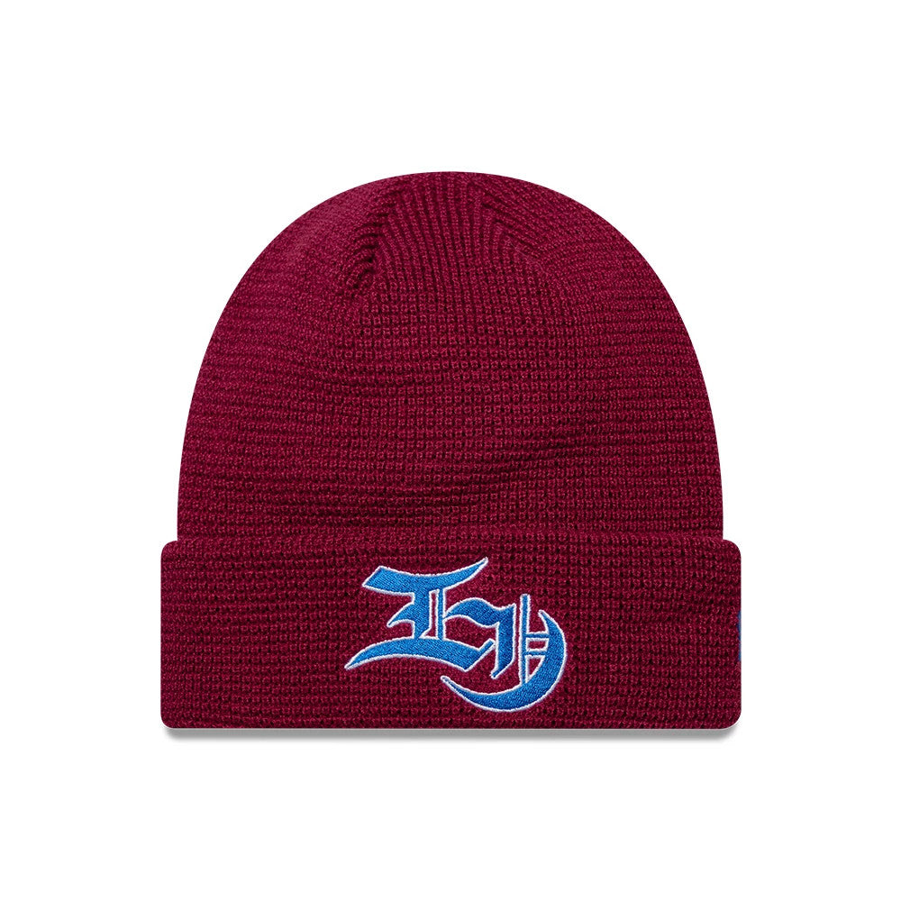 Pictured is this EDWIN x New Era Cuff knit Beanie hat in dark red. 1