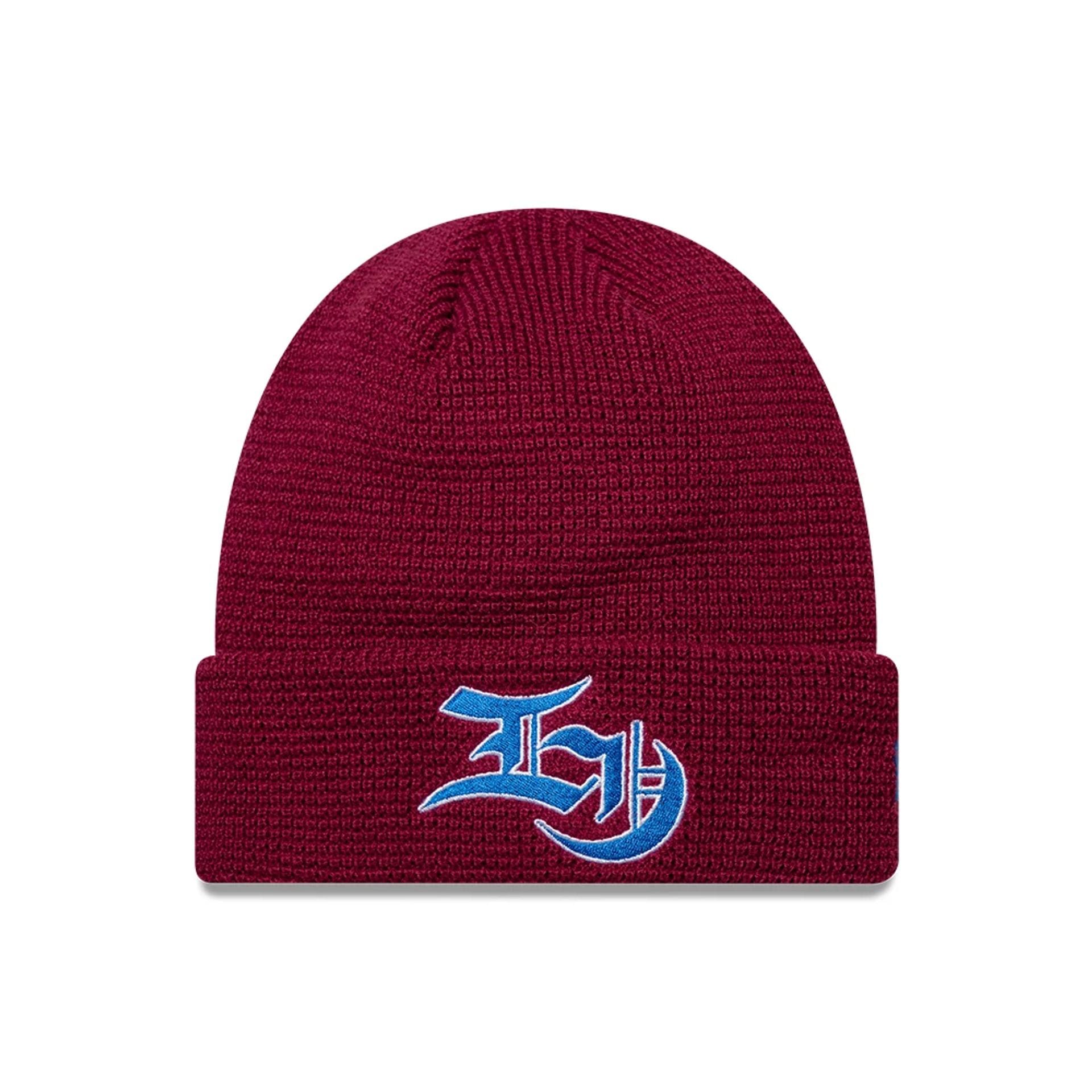 Pictured is this EDWIN x New Era Cuff knit Beanie hat in dark red. 1