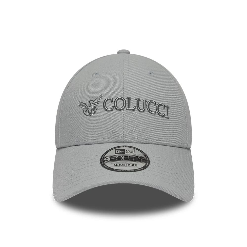 Colucci X New Era Grey 9FORTY Adjustable Cap, front view showing the grey embroidered Colucci logo with an eagle design on the front panel, a curved grey visor, and the 9FORTY size sticker centrally placed.