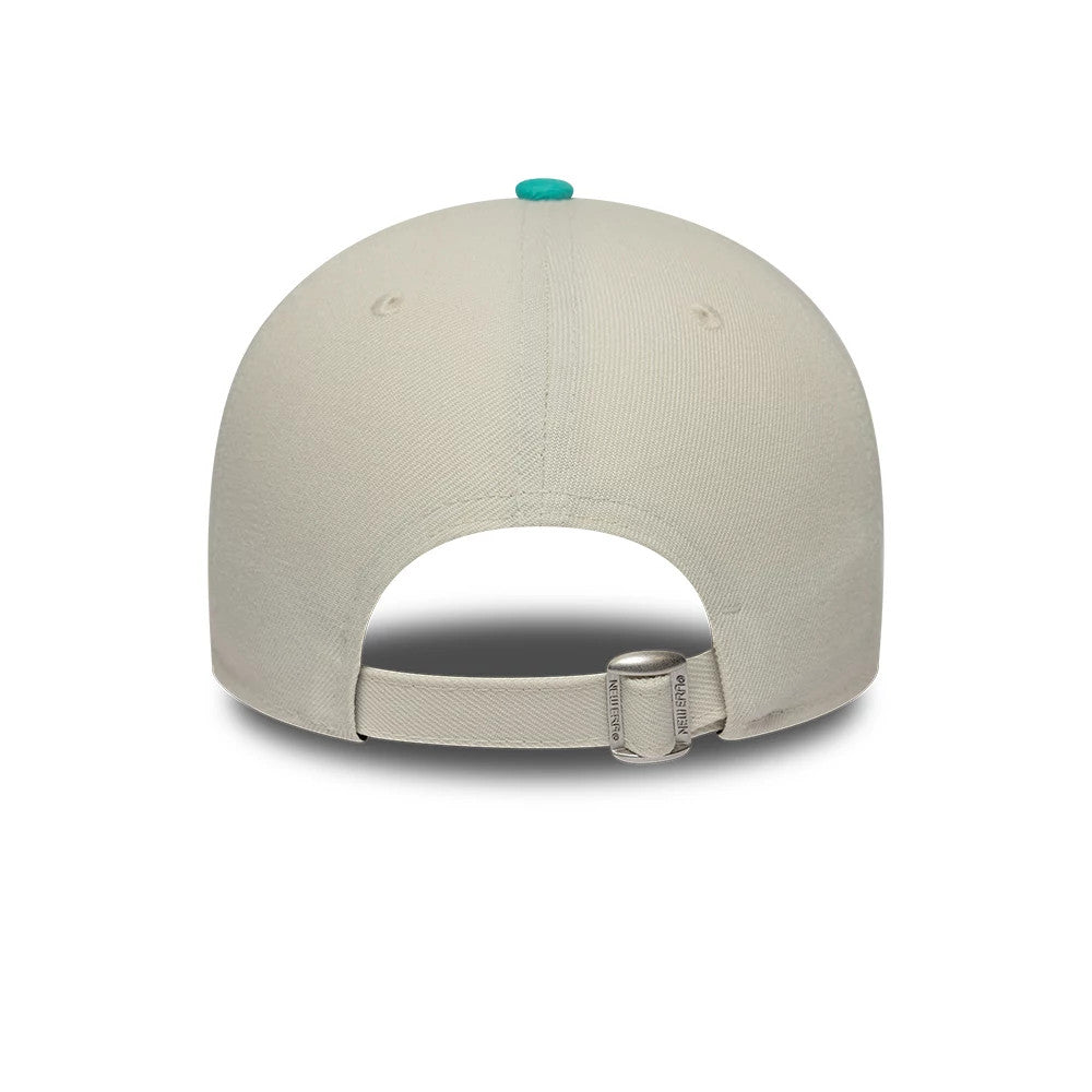 Colucci X New Era White 9FORTY Adjustable Cap, rear view showing the turquoise top button, strap with buckle, and embroidered eyelets on the white fabric, creating a clean and structured finish to the cap's back panels.