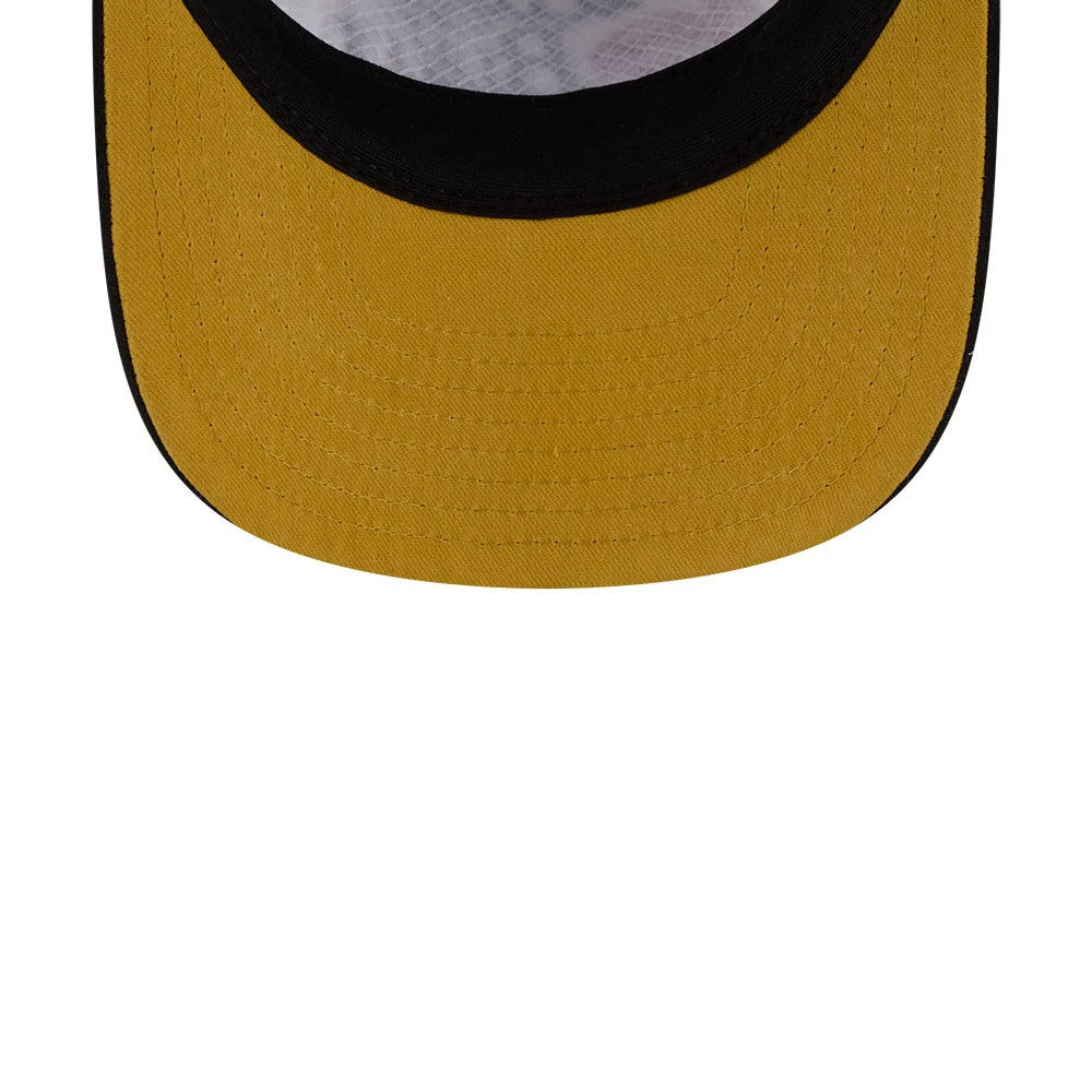 Chicago Bulls NBA Conference White New Era 19TWENTY Adjustable Cap, inside view showing the black sweatband and yellow undervisor with neat stitching, highlighting the interior craftsmanship of the cap.