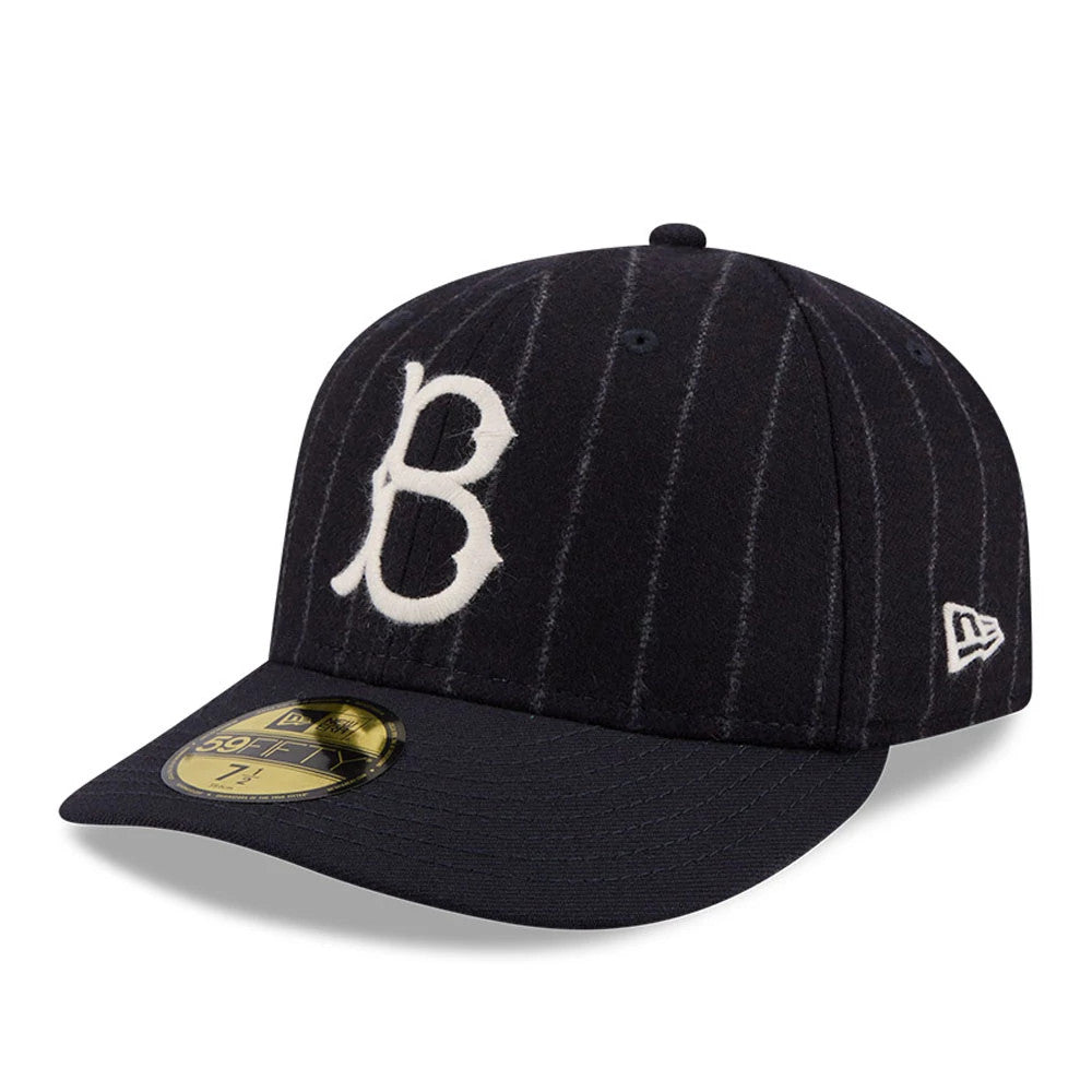 Brooklyn Dodgers MLB X Moon Navy New Era 59FIFTY Fitted Cap, three-quarter view showing the white raised embroidered B logo on the front panel, a gold 59FIFTY size sticker on the navy visor, and the New Era flag logo on the left side.