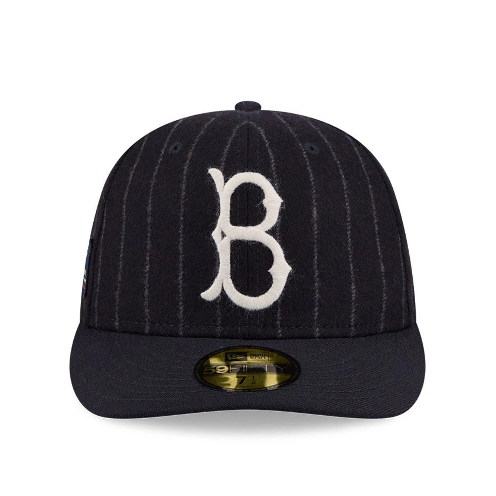 Brooklyn Dodgers MLB X Moon Navy New Era 59FIFTY Fitted Cap, front view showing the white embroidered B logo on the navy pinstriped crown, with a flat visor featuring a gold 59FIFTY size sticker.