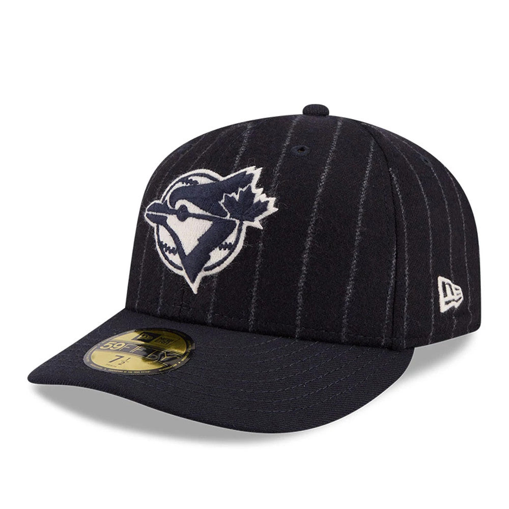 Toronto Blue Jays MLB X Moon Navy New Era 59FIFTY Fitted Cap, front view showing raised white embroidered team logo on a navy pinstriped crown, navy visor with a gold 59FIFTY size sticker, and New Era flag logo on the left side.