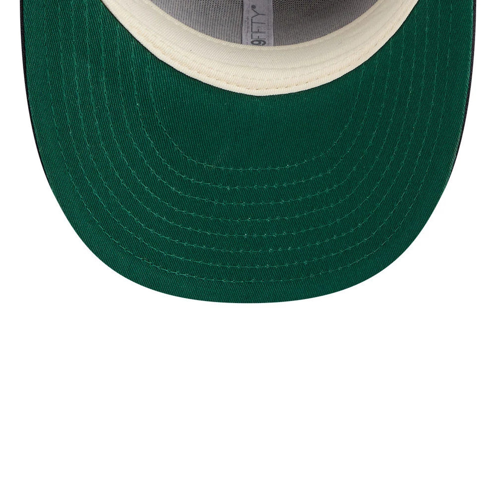 Toronto Blue Jays MLB X Moon Navy New Era 59FIFTY Fitted Cap, inside view showing white taping with 59FIFTY branding, a green undervisor, and a white sweatband beneath the flat visor.