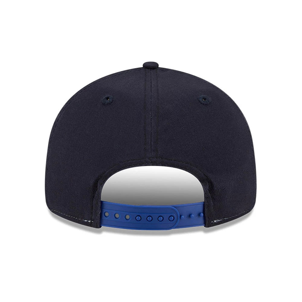 New York Rangers NHL Team Stripes Blue Retro Crown New Era 9FIFTY Adjustable Cap, rear view showing the structured blue crown with navy eyelets, a blue adjustable snap strap, and a clean finish at the bottom edge.