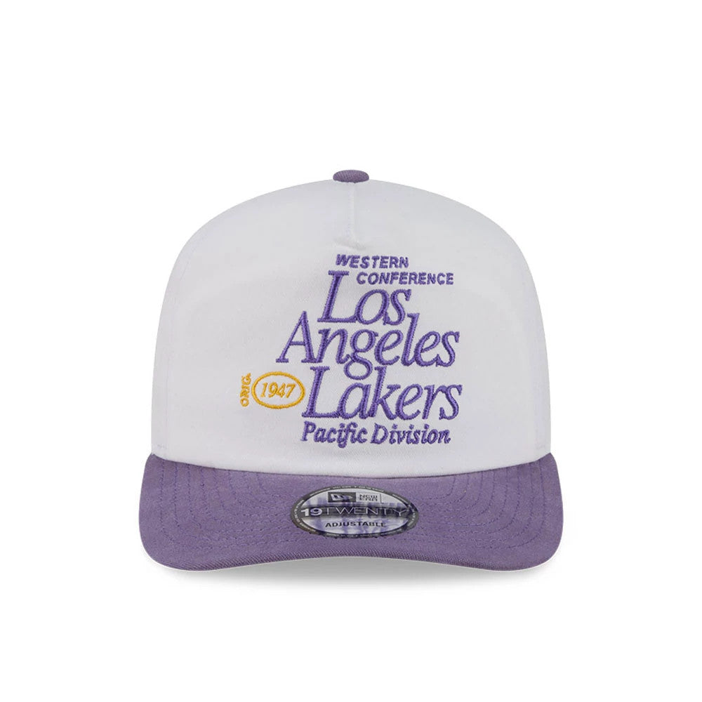 LA Lakers NBA Conference White New Era 19TWENTY Adjustable Cap, front view showing the purple and yellow Western Conference and Los Angeles Lakers embroidery on the structured white crown with a purple visor and 19TWENTY size sticker.