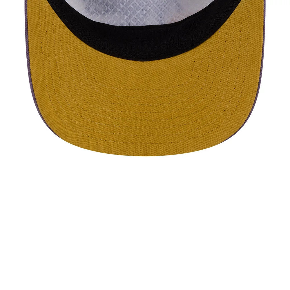 LA Lakers NBA Conference White New Era 19TWENTY Adjustable Cap, inside view showing a black sweatband, light grey patterned taping, and a mustard yellow undervisor with detailed stitching.