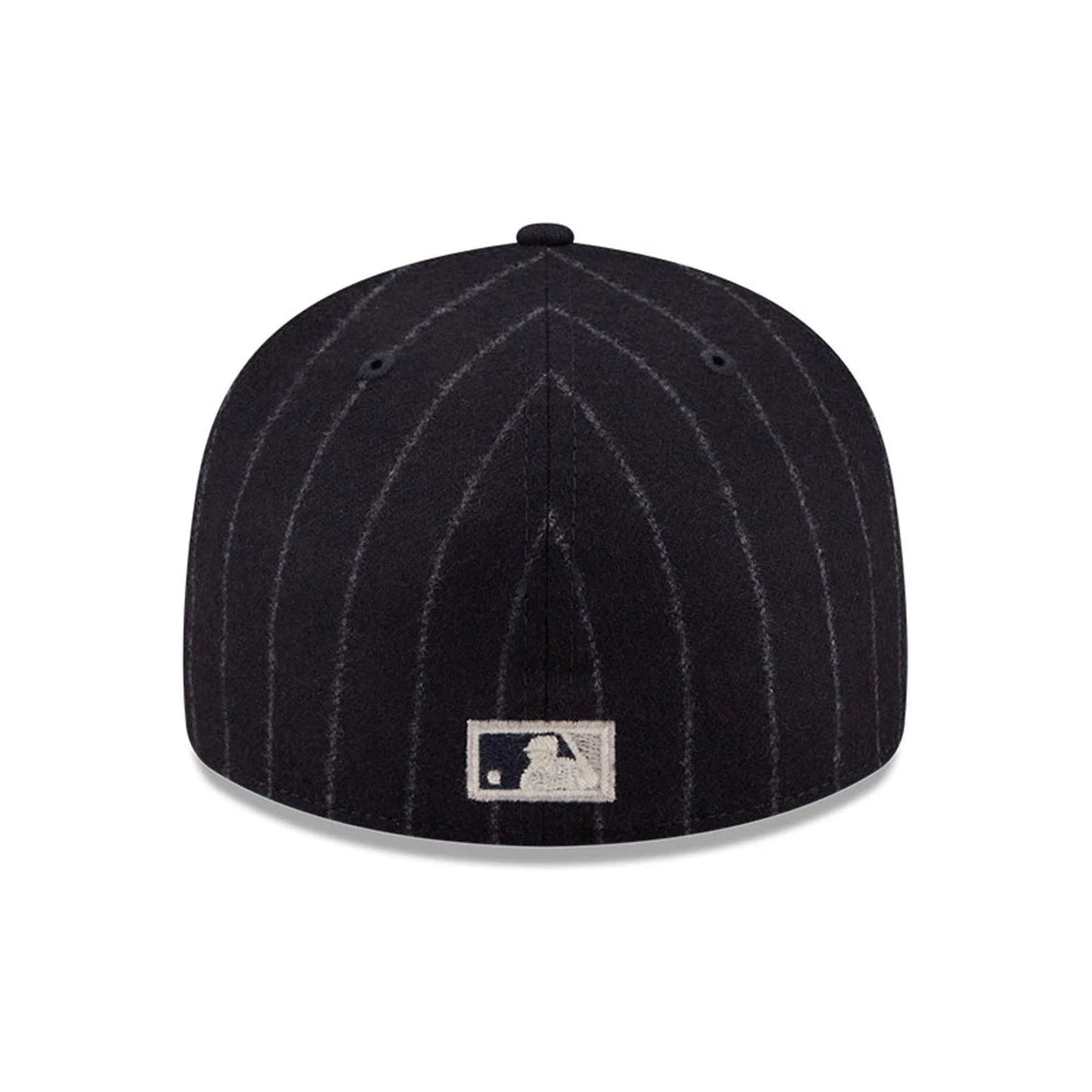 New York Yankees MLB X Moon Navy New Era 59FIFTY Fitted Cap, rear view showing the white embroidered MLB Batterman logo at the centre of the back panels with vertical pinstripes on the navy crown.