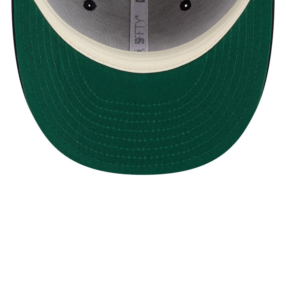 New York Yankees MLB X Moon Navy New Era 59FIFTY Fitted Cap, inside view showing the grey branded taping along the seams, a green undervisor, and a white sweatband lining the edge of the black structured crown.