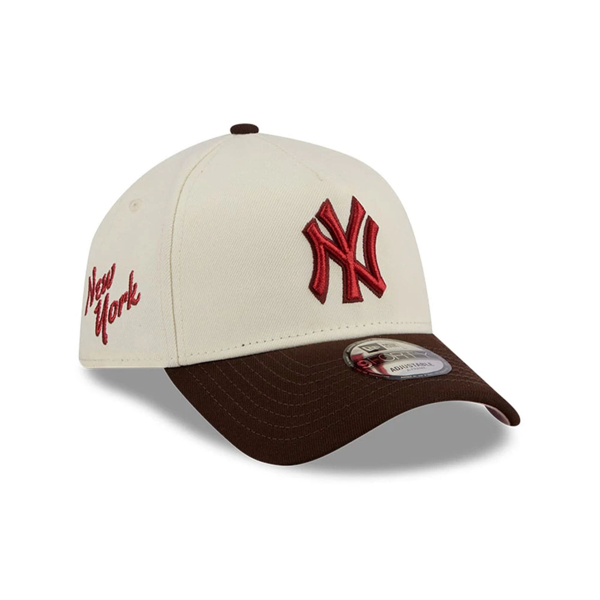 Pictured is this MLB City Script New York Yankees 9FORTY A-Frame cap in Cream. 1