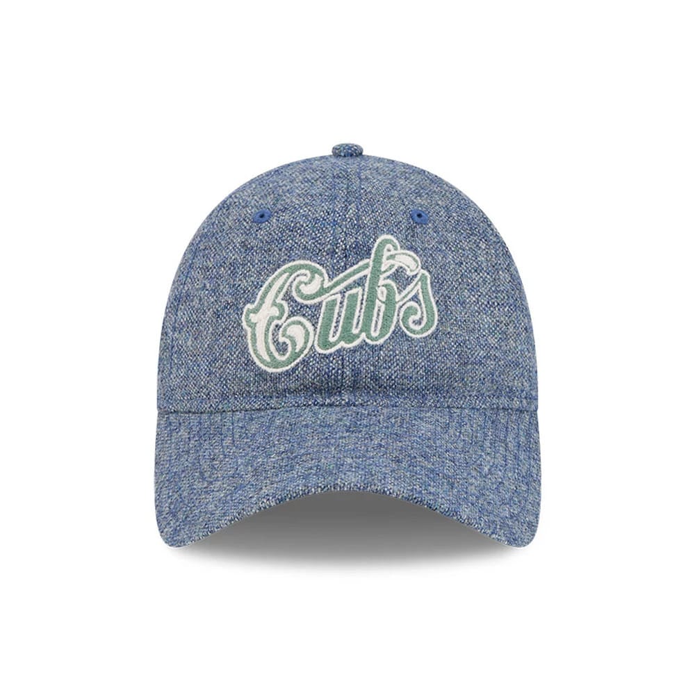 Chicago Cubs MLB X Moon Blue New Era 9TWENTY Adjustable Cap, front view showing the white embroidered Cubs lettering on a blue textured crown with matching blue eyelets and a curved visor.