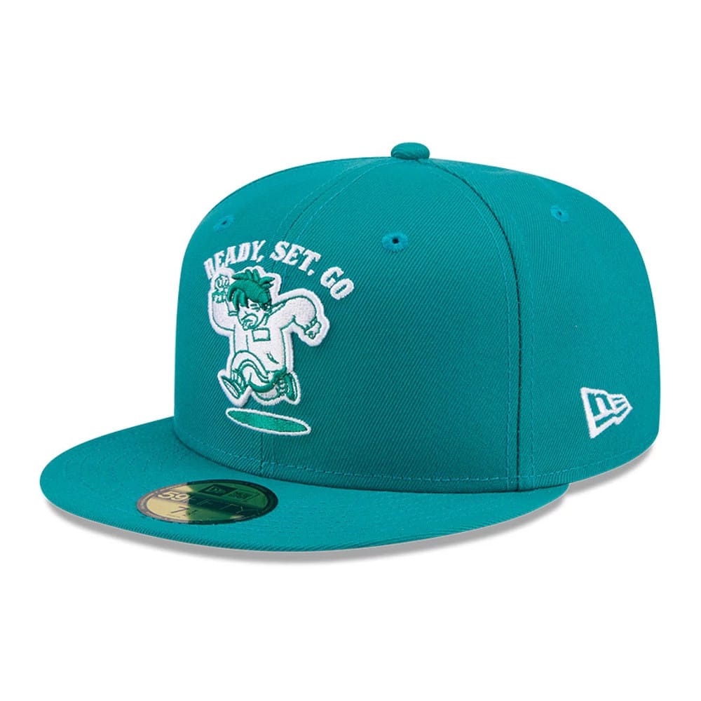 Netflix Squid Game Green New Era 59FIFTY Fitted Cap, three-quarter view with a white Ready. Set. Go graphic embroidered on the structured green crown, flat green visor, and white New Era flag logo on the left side.