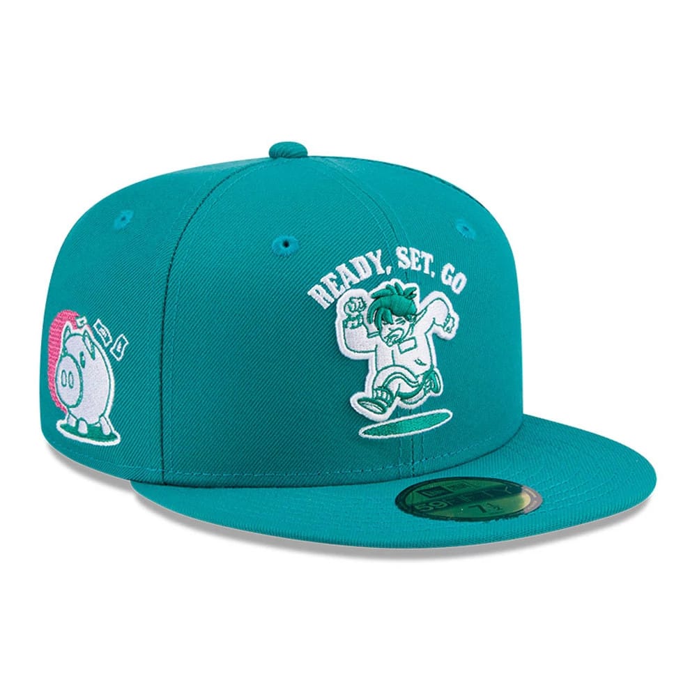 Netflix Squid Game Green New Era 59FIFTY Fitted Cap, three-quarter view showing the white embroidered character and Ready, Set, Go slogan on the front panels, with another character on the left side and a 59FIFTY size sticker on the flat visor.